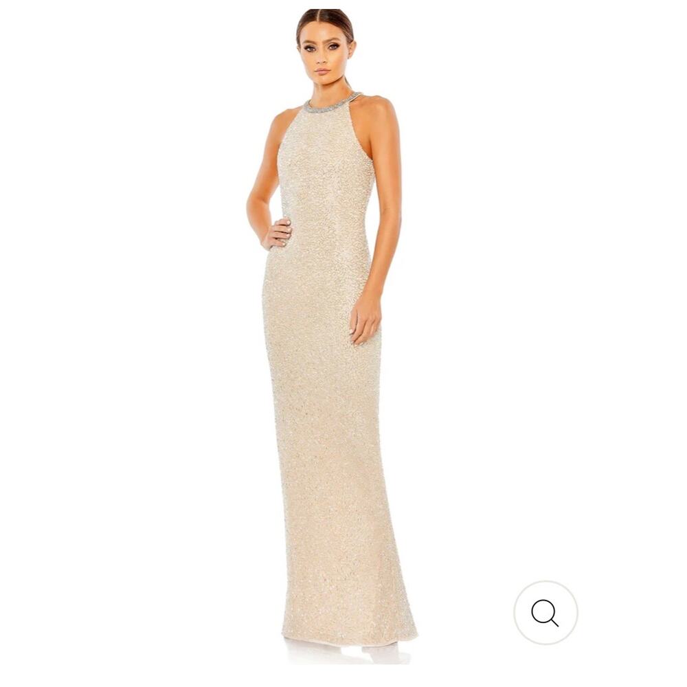 Mac Duggal Beaded Halter Neck Body Skimming Gown Silver Cream Size 6 NWT - Picture 2 of 11